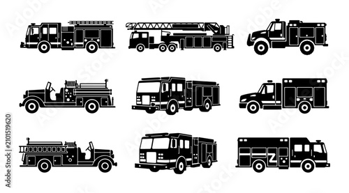 Tableau sur toile Fire Truck Collection, Emergency Vehicles Set, Rescue Squad Icons, Firefighting
