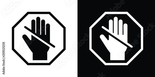 Foto Octagonal prohibition sign graphics showing a slashed hand icon in high contrast black and white formats