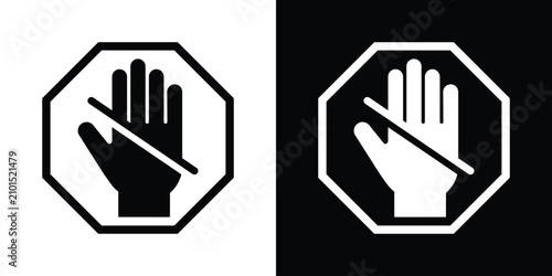 Fotografía Octagonal prohibition sign graphics showing a slashed hand icon in high contrast black and white formats