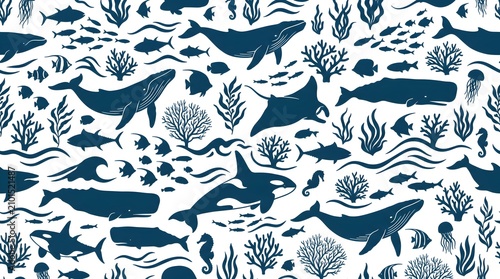 Seamless ocean life pattern with whales. Marine wildlife background with sea creatures.