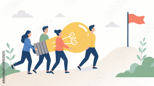 Team carrying oversized lightbulb toward finish flag, flat vector innovation journey concept with collaboration, startup ambition, shared creativity, leadership, goals and successful teamwork