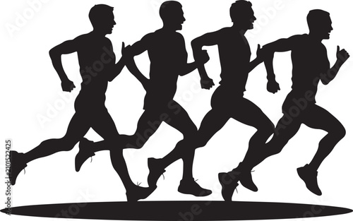 Four athletic men running in a professional group vector illustration with a crisp clean black silhouette