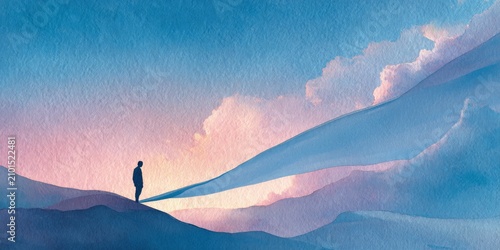Abstract watercolor scene with lone figure and ethereal ribbon over misty hills