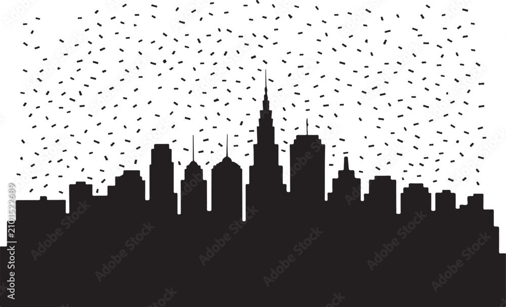 Obraz premium Black and white vector illustration of a city skyline silhouette with falling abstract confetti particles