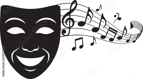 Minimalist black and white vector illustration showing a happy theater mask with flowing musical notes