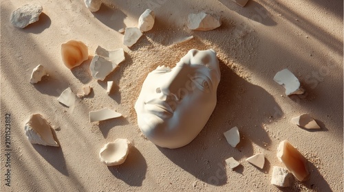 Broken Classical Plaster Mask Resting Among Ceramic Shards on Desert Sand Surface