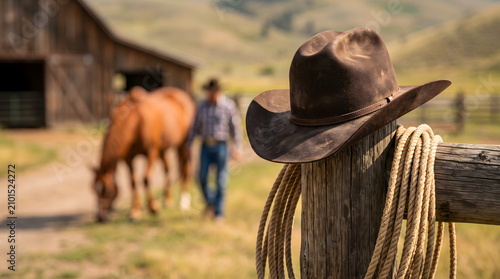 Western, Cowboy, Rural background with close up cowboy hat and rope Rustic outdoor backdrop with blurred horse