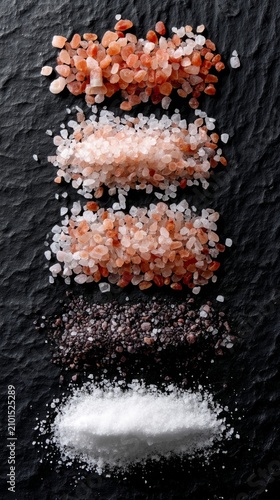 Assorted Gourmet Salt Varieties on Black Slate Background Top View Collection