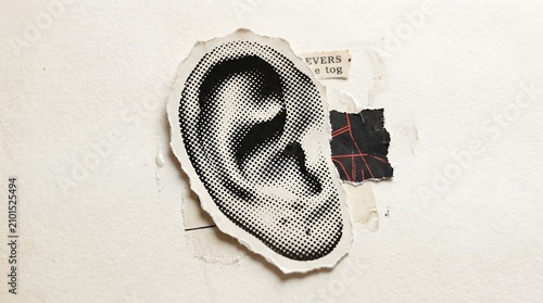 Collage, Ear. Trendy abstract cutout ear halftone collage element for design montage