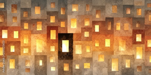 Geometric Urban Facade Illustration Featuring Illuminated Windows In Earthy Watercolors
