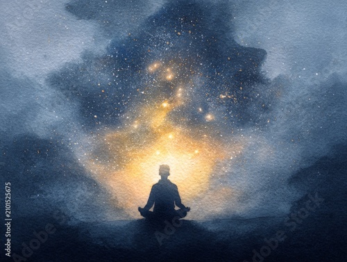 Peaceful Mindfulness Figure Surrounded By Celestial Glow And Starry Watercolor Sky