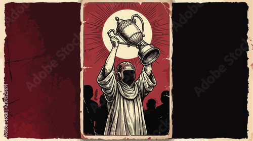 Victorious Football Captain Lifting Championship Trophy Vintage Engraved Vector Poster