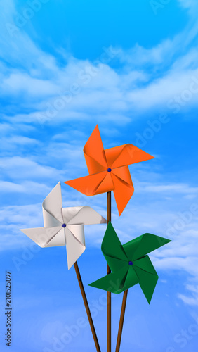Indian tricolor pinwheels against the sky, with copyspace