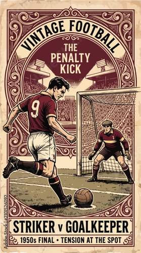 Obraz na plátně Football Penalty Kick Showdown Vintage Engraved Vector Poster Illustration