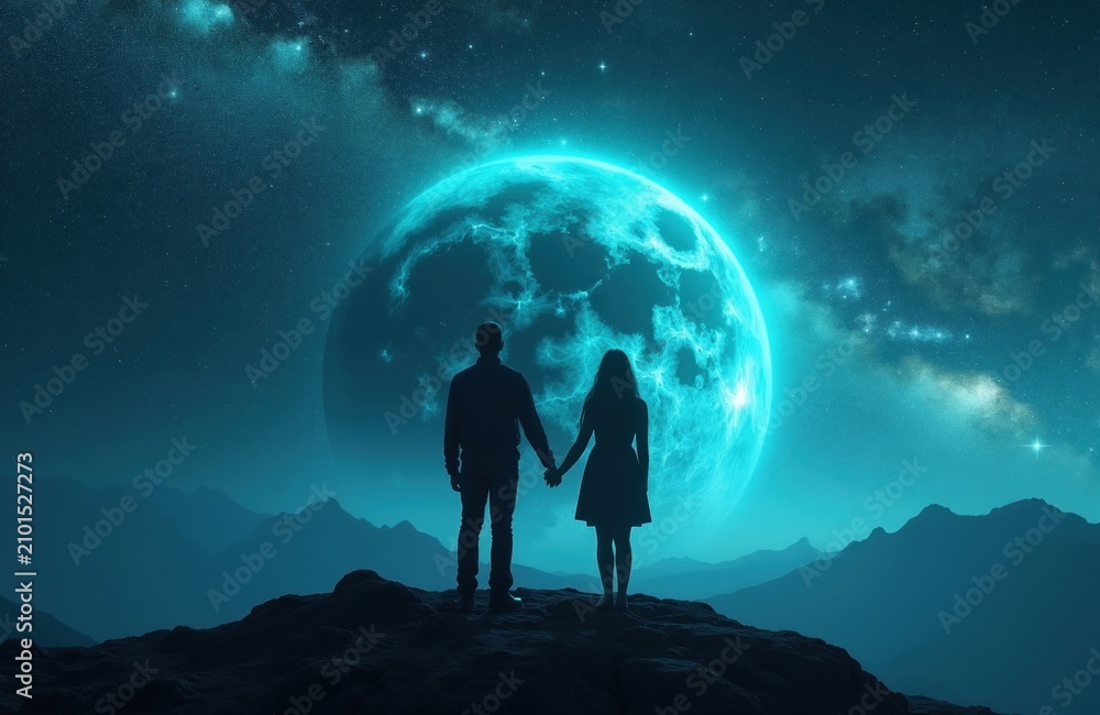 Fototapeta premium Young couple stands holding hands on high mountain peak during night. Man, woman watch large blue moon in dark starry sky above mountain range. Lovers enjoy romantic outdoor adventure together under
