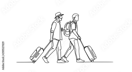 Fényképezés Two men walking with luggage, one with hat, continuous line drawing