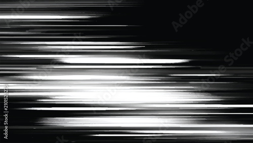 Abstract blurred white light streaks on dark background with horizontal lines moving fast