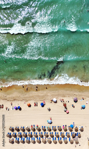 Aerial view of Dehesa de Campoamor beach on Costa Blanca. Sandy shoreline, turquoise Mediterranean Sea. Summer holidays, travel, tourism, coastal relaxation. Alicante province, Spain