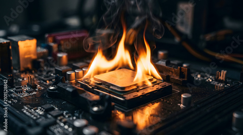 Computer processor chip burning on motherboard. Overheated CPU hardware failure concept.