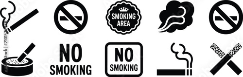 Photos Smoking Regulation icon set, no smoking signs, designated smoking area labels an