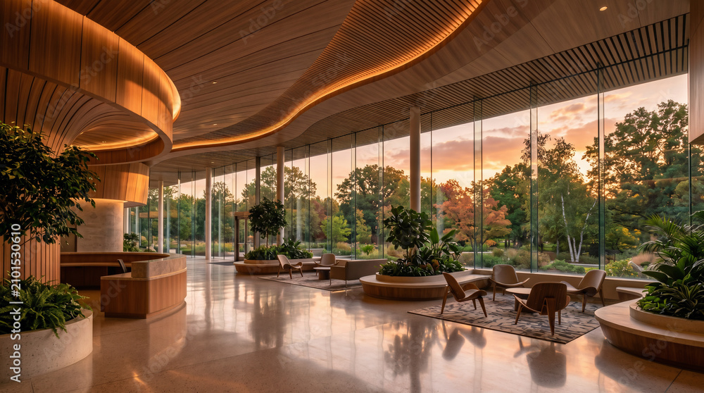 Fototapeta premium Contemporary Wellness Lounge with Organic Timber Ceiling and Indoor Plants