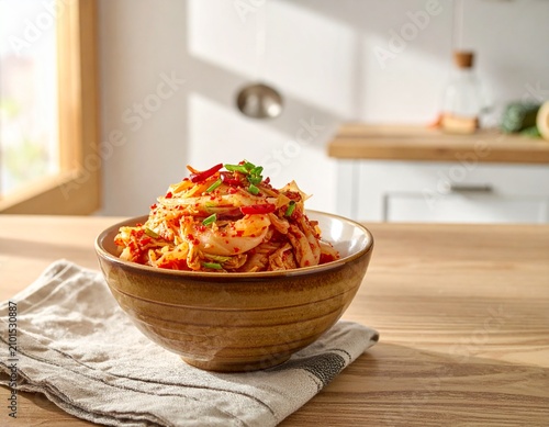 Traditional Korean kimchi is presented in a ceramic bowl on a wooden table in a bright home kitchen