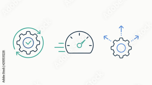 Editable outline efficiency icon set with rotating gear checkmark, fast speedometer gauge and optimization cog with arrows for productivity, workflow improvement and performance acceleration