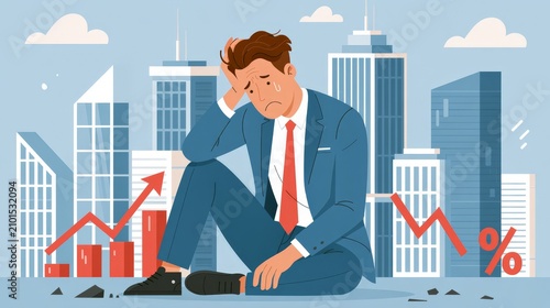Businessman sits on ground in city with stressed expression and signs of financial decline around him