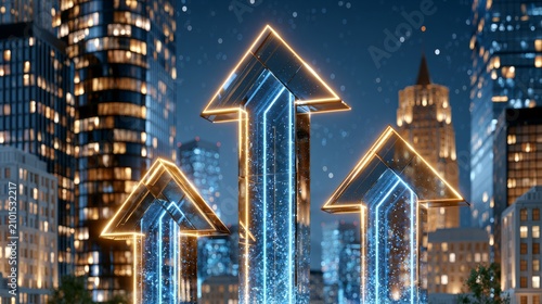 Modern cityscape with glowing arrows showing growth at night