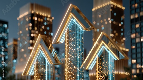Visual display of glowing arrows in a modern cityscape at night