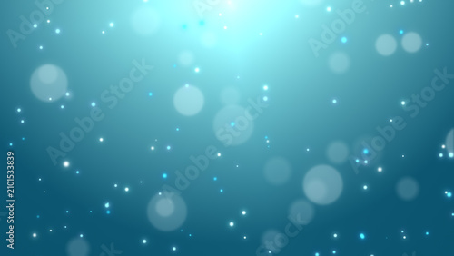 Photos エメラルドブルー背景に白いキラキラ丸ボケパーティクルが光る抽象テクスチャ素材 / White Sparkling Bokeh Particles on Emer