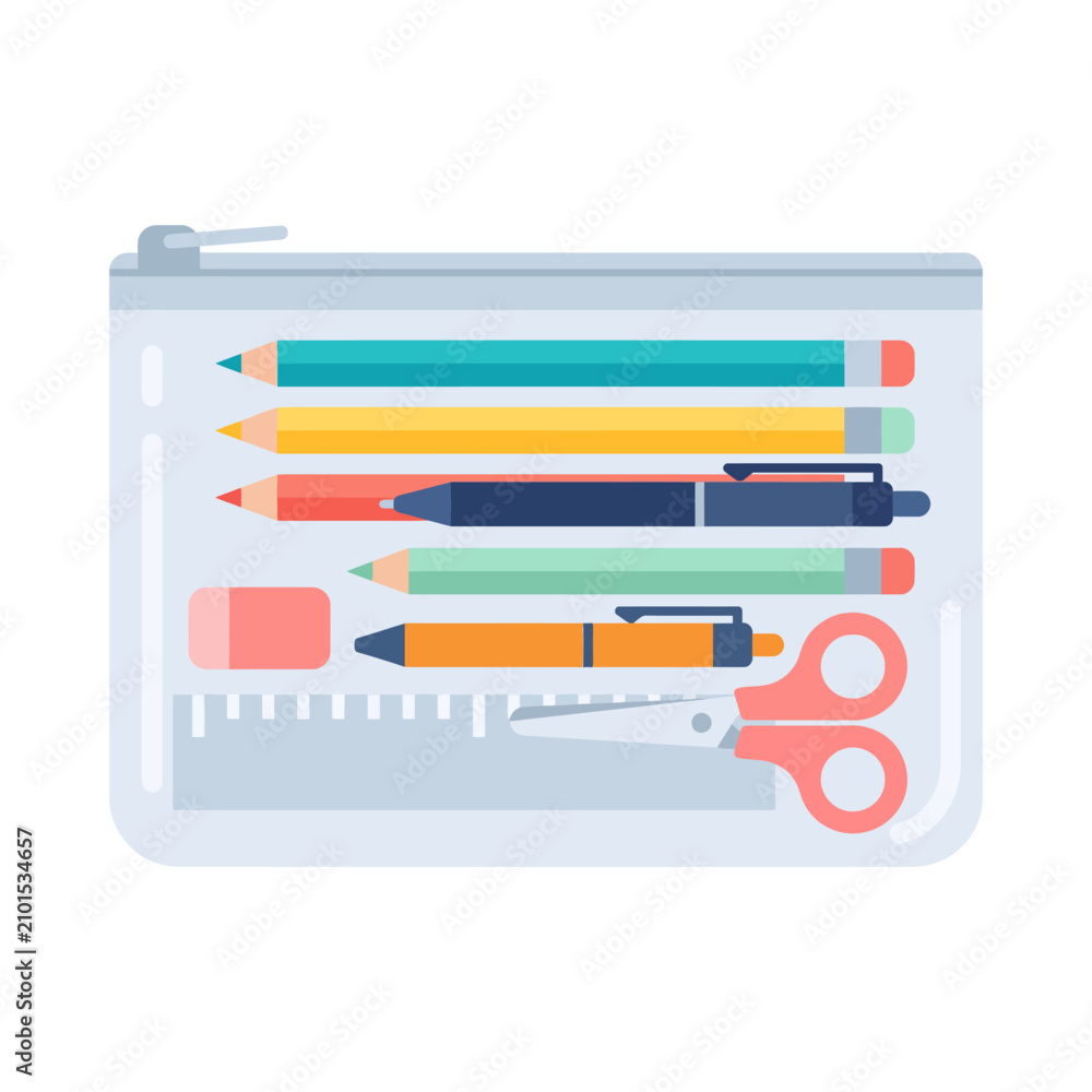 Fototapeta premium A clear transparent pencil case filled with essential colorful school stationery supplies including pens pencils ruler eraser and scissors for education