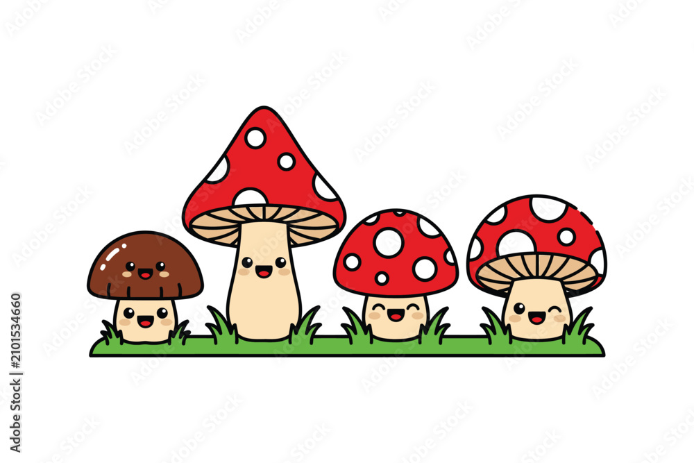 Naklejka premium Kawaii Smiling Mushroom Characters in Grass Cartoon Illustration