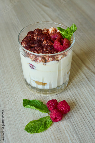 Single Portion of Raspberry Tiramisu with Fresh Garnishes