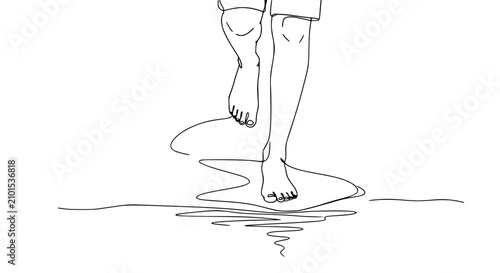 Minimalist line art drawing of bare feet walking on water surface