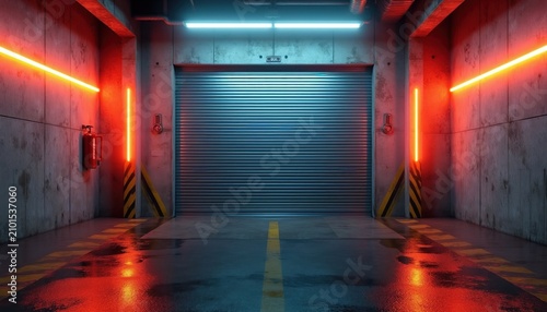 Dark industrial garage with roller door. Concrete walls feature red and blue neon lights. Wet floor reflects colorful neon glow. Fire extinguisher on wall adds industrial detail.