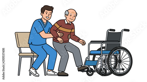 Billede på lærred Male nurse assisting senior man into hospital wheelchair.