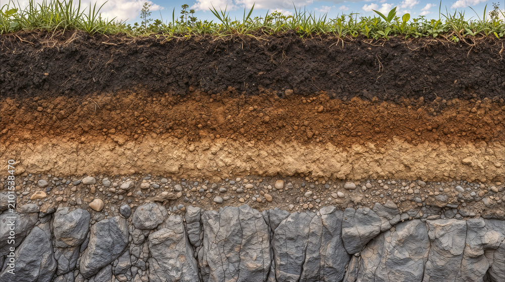 Obraz premium Cross-section of soil horizons illustrating distinct layers from organic topsoil with grass to solid bedrock. Earth science and geological analysis of ground composition.