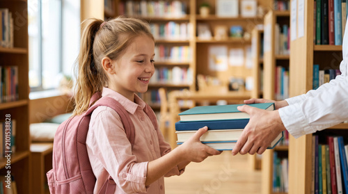 Happy elementary school student receiving stack of books from teacher in library, representing back to school, education, literacy, learning, teacher support, knowledge and academic success.