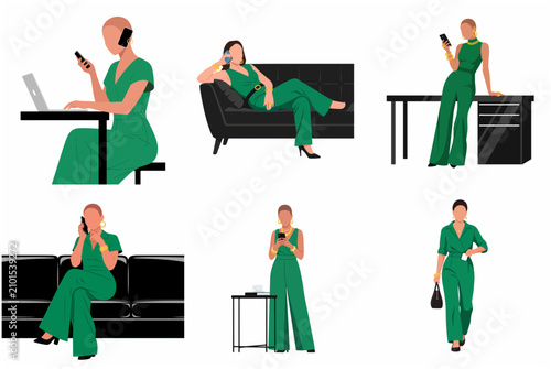 Set of vector illustrations of a stylish modern business woman in green jumpsuit using gadgets
