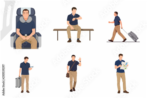Set of man character in various traveling and airport activity poses flat vector illustration