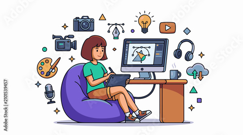 Digital artist working on a computer with creative tools