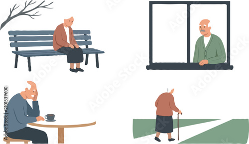 Konstfotografi Lonely sad elderly people vector illustration set showing senior characters feeling depressed, isolated, retired, and alone in different melancholic daily life situations