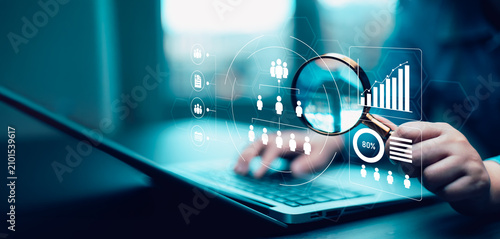 Workforce analytics concept with organizational hierarchy, employee data, performance metrics and growth charts, representing talent management and strategic workforce planning.
