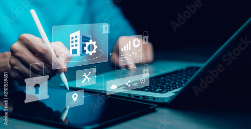 Facility management system with building maintenance, asset tracking, analytics, security and service workflows, representing smart property operations and operational control.
