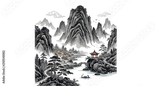 Schilderij op canvas Traditional Chinese ink wash landscape with mountains, village, river, and pavil