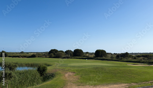 Photos Vibrant green golf course landscape with mature trees under a clear blue sky