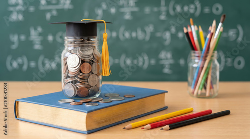 Coin jar graduation cap book pencil school saving money classroom. Education learning study graduation. back school shopping, finance budget cost planning, scholarship loan