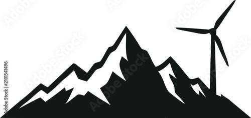 Foto Mountain range silhouette with wind turbine a black and white graphic against a