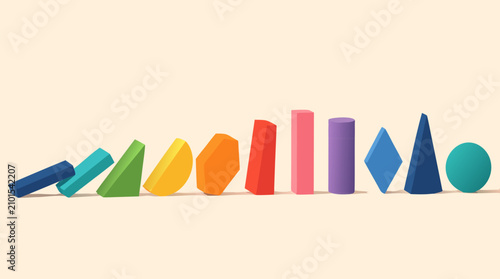 Colorful geometric domino shapes arranged in a controlled cascade, visualizing strategic decisions, chain reactions, risk management and orderly planning in a minimal flat vector scene for business
